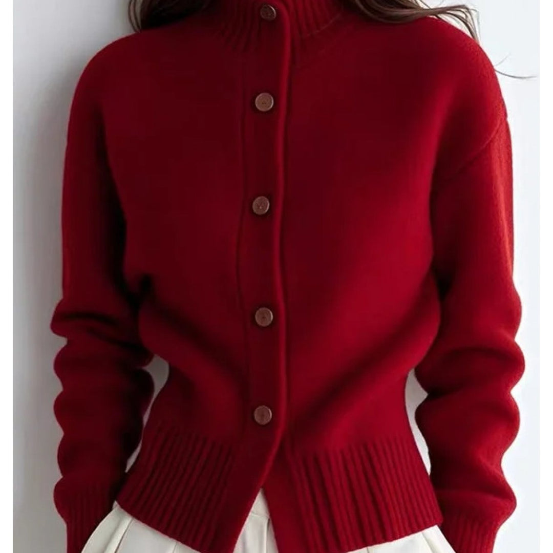 Wren high-neck button cardigan, back view showing button detail