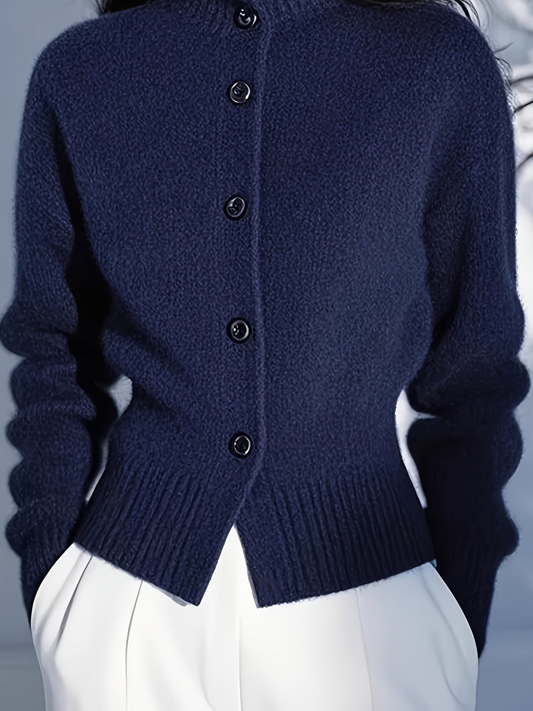 Wren navy high-neck button cardigan, front view close-up