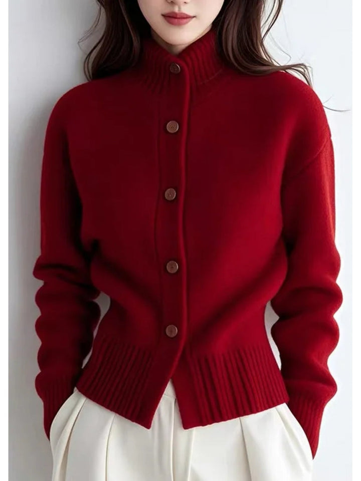 Wren high-neck button cardigan, close-up front view