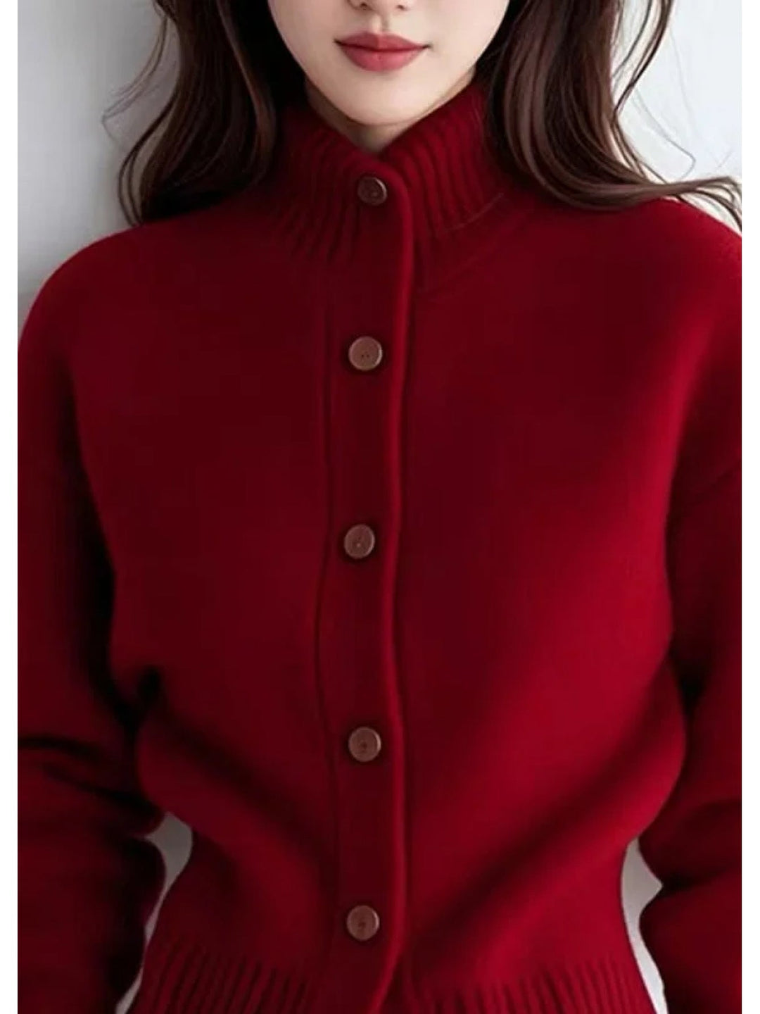 Wren high-neck button cardigan, close-up neckline and buttons