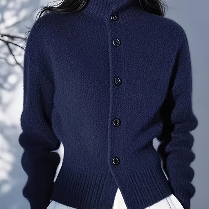 Wren navy high-neck button cardigan, back view
