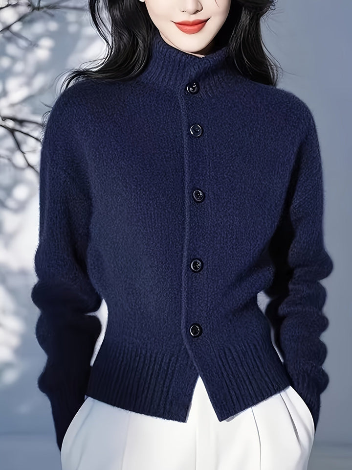 Wren navy high-neck button cardigan, front view on model