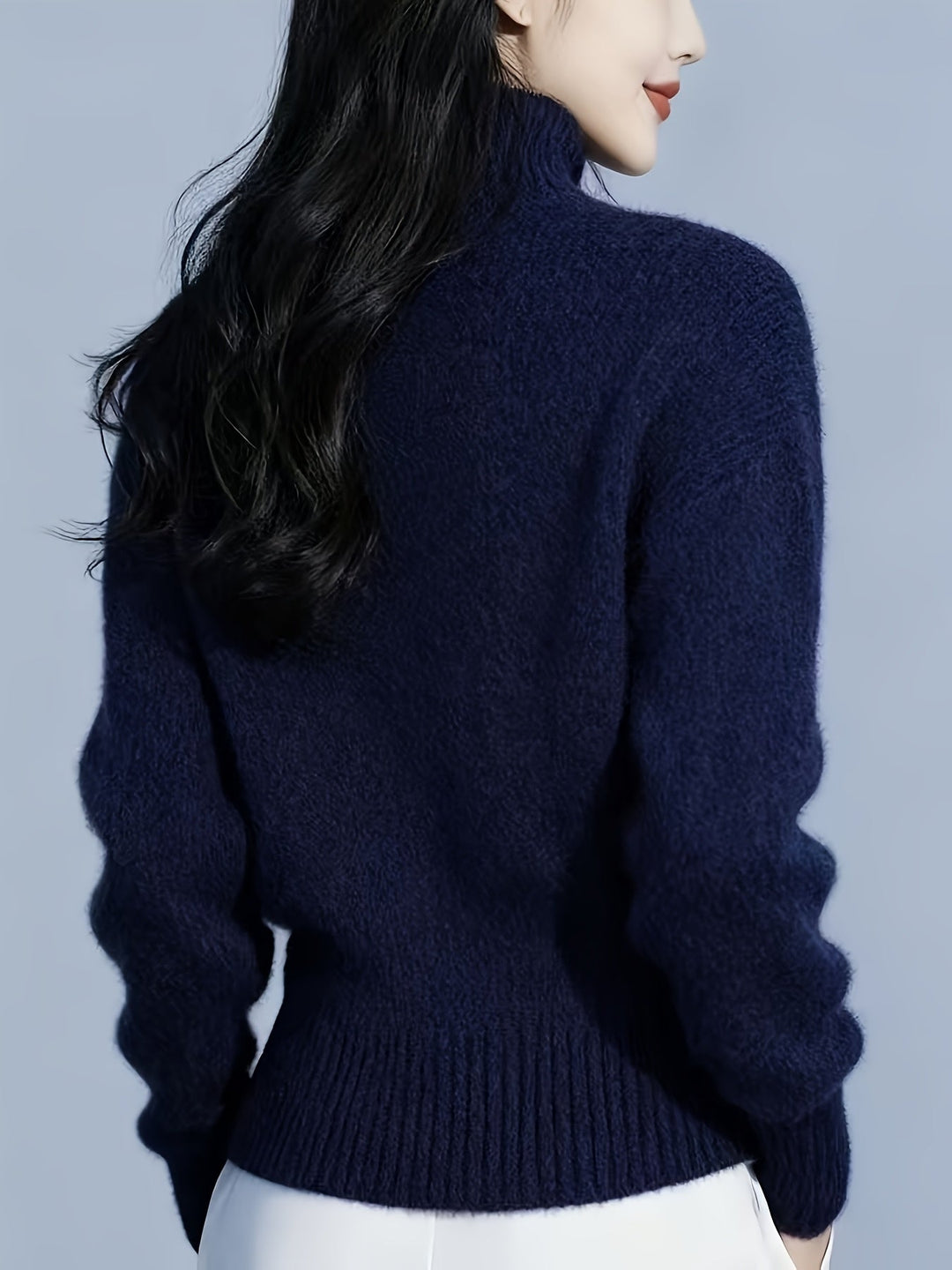 Wren navy high-neck button cardigan, back view close-up