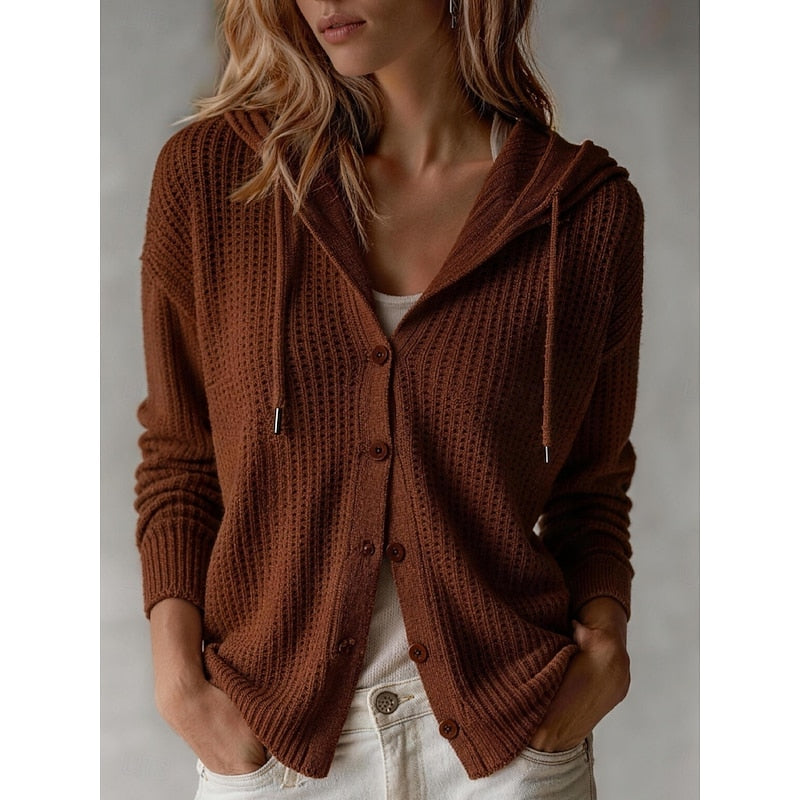 Wren hooded button front knit cardigan in maroon, front view