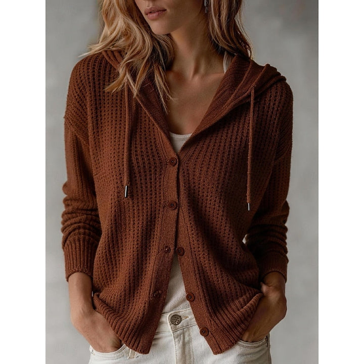 Wren hooded button front knit cardigan in maroon, front view