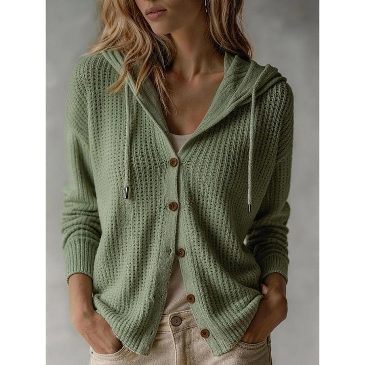 Wren hooded button front knit cardigan in green, front view
