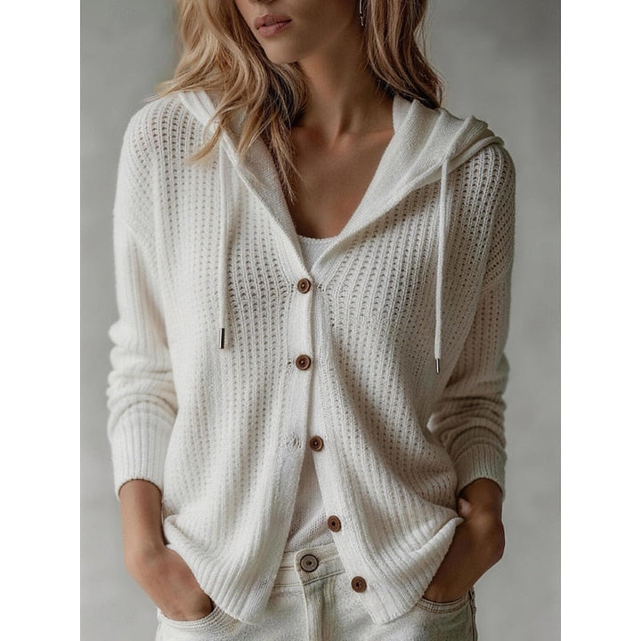 Wren hooded button front knit cardigan in white, front view