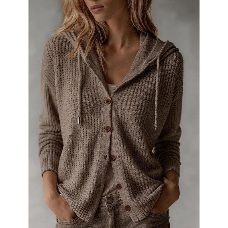 Wren hooded button front knit cardigan in khaki, front view