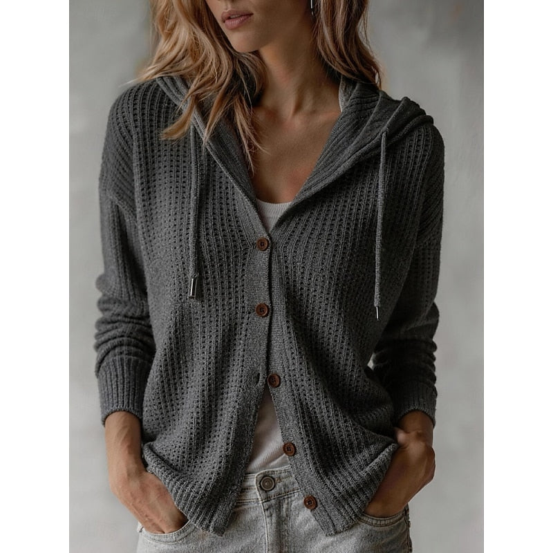 Wren hooded button front knit cardigan in grey, front view
