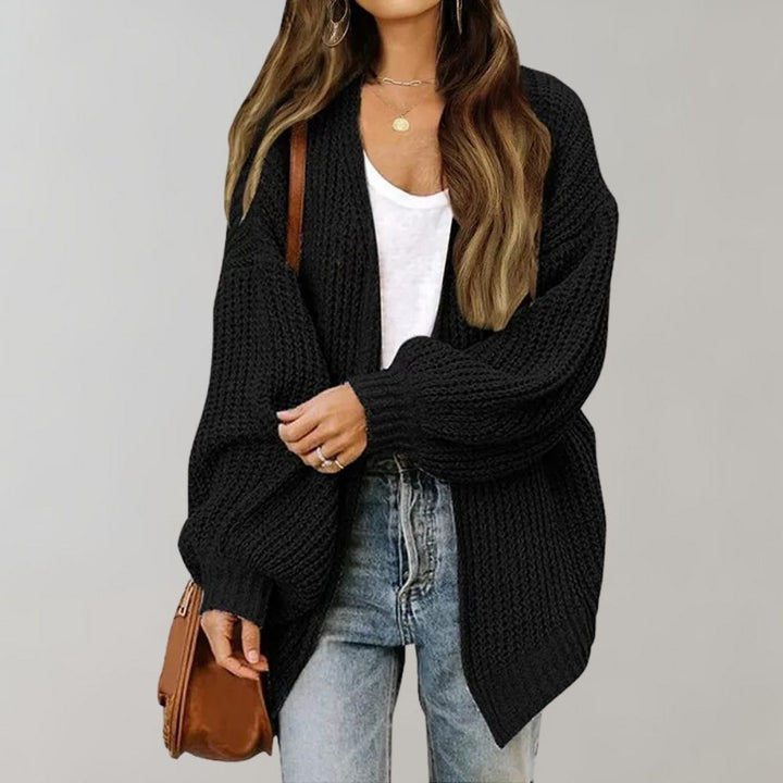 Wren relaxed open-front chunky knit cardigan in black, front view