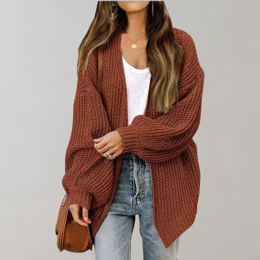 Wren relaxed open-front chunky knit cardigan in rust brown, front view