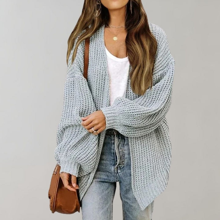 Wren relaxed open-front chunky knit cardigan in gray, front view