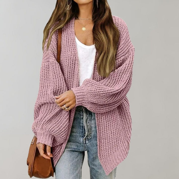 Wren relaxed open-front chunky knit cardigan in pink, front view