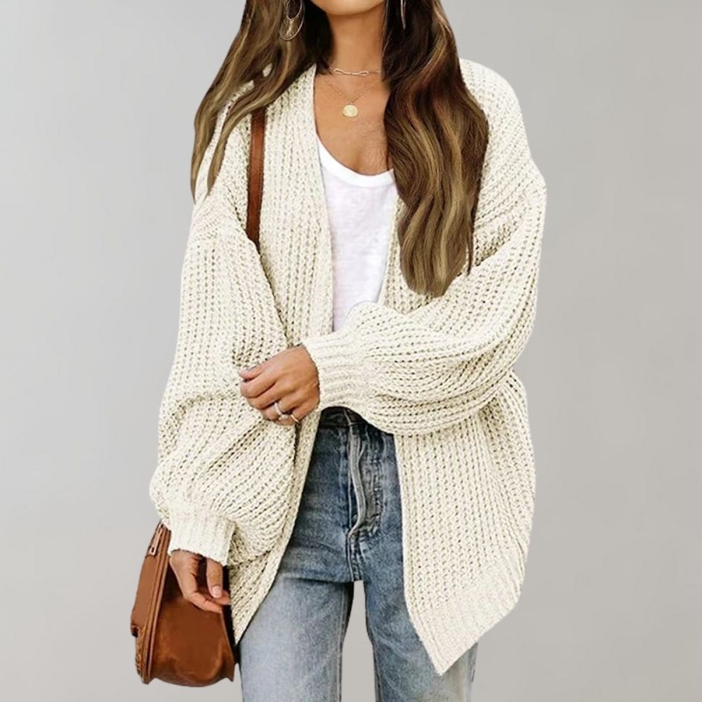 Wren relaxed open-front chunky knit cardigan in cream, front view
