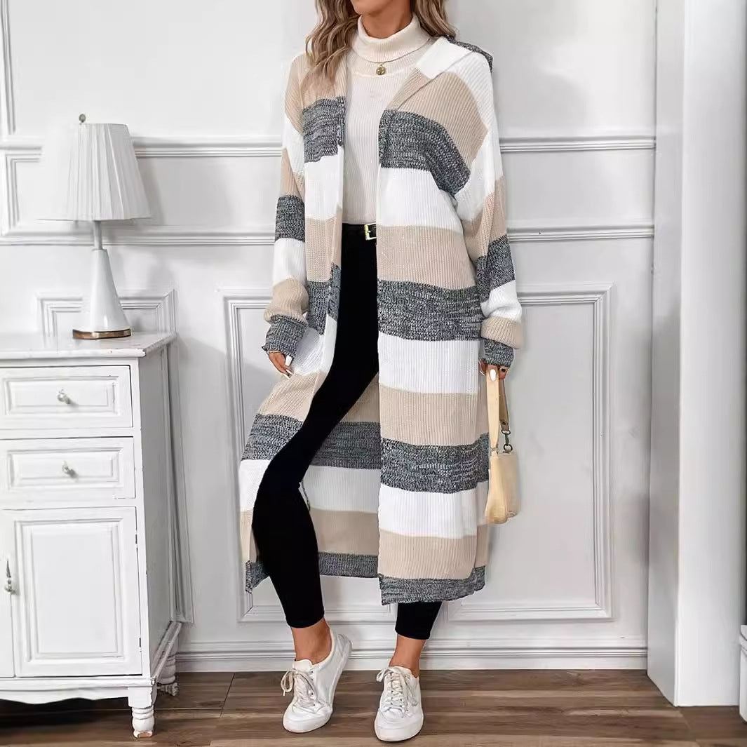 Wren striped long hooded cardigan, front view over black leggings