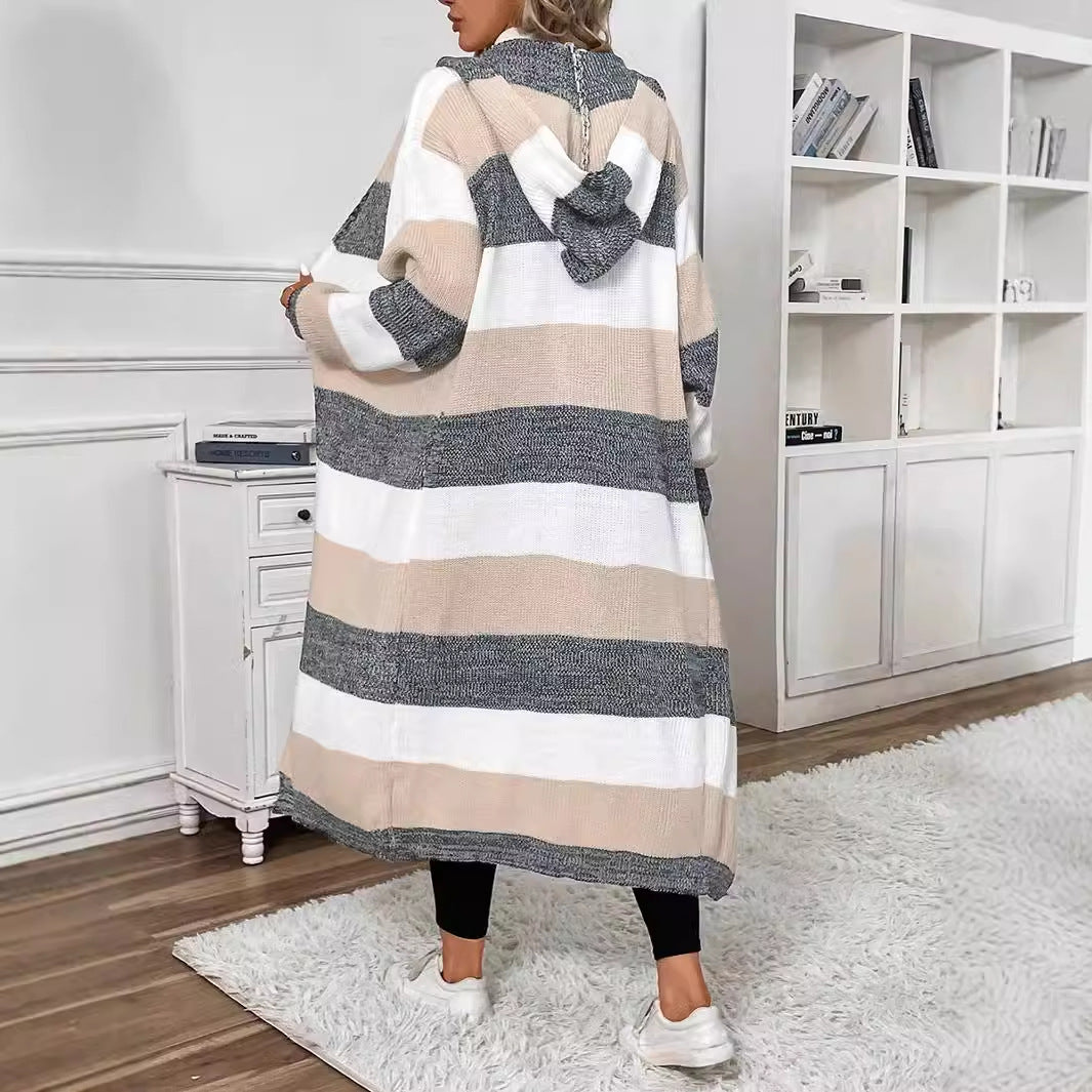 Wren striped long hooded cardigan, back view showing hood detail