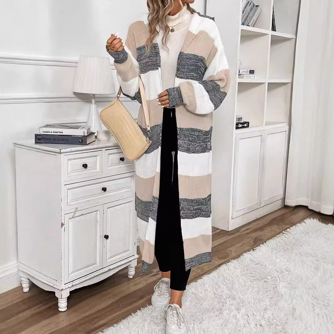 Wren striped long hooded cardigan, side view with crossbody bag