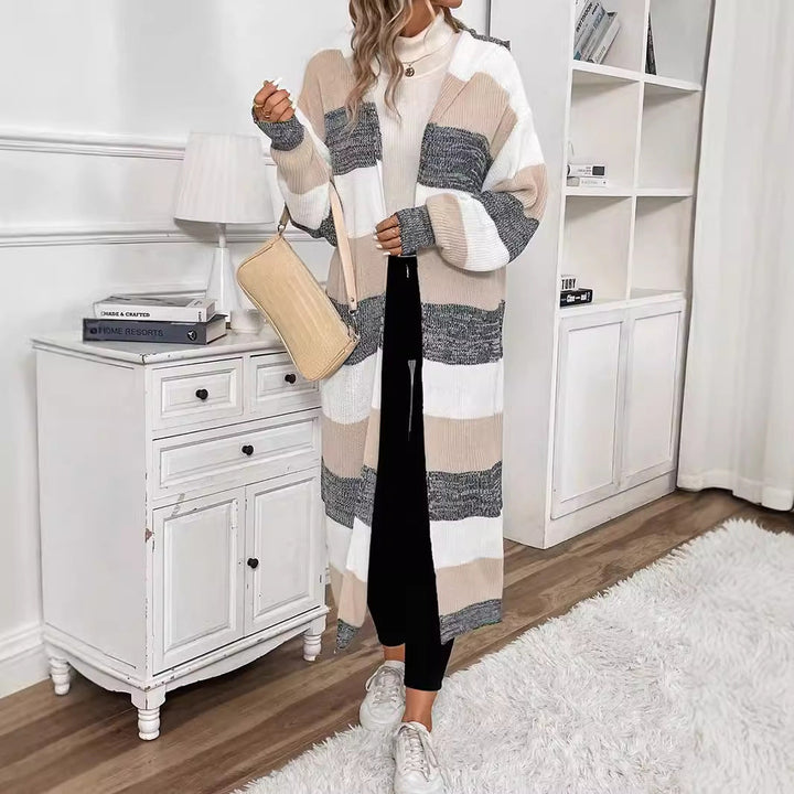 Wren striped long hooded cardigan, side view with crossbody bag
