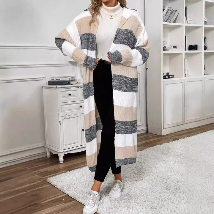 Wren striped long hooded cardigan, close-up front detail