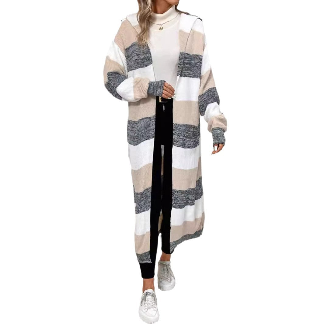 Wren striped long hooded cardigan, full length front view