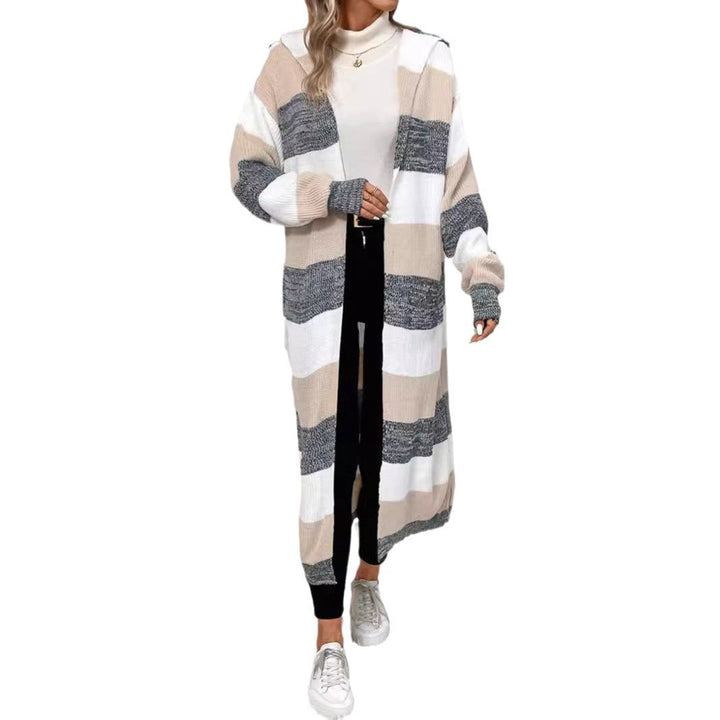 Wren striped long hooded cardigan, full length front view