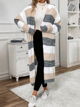 Wren striped long hooded cardigan, product styled close-up