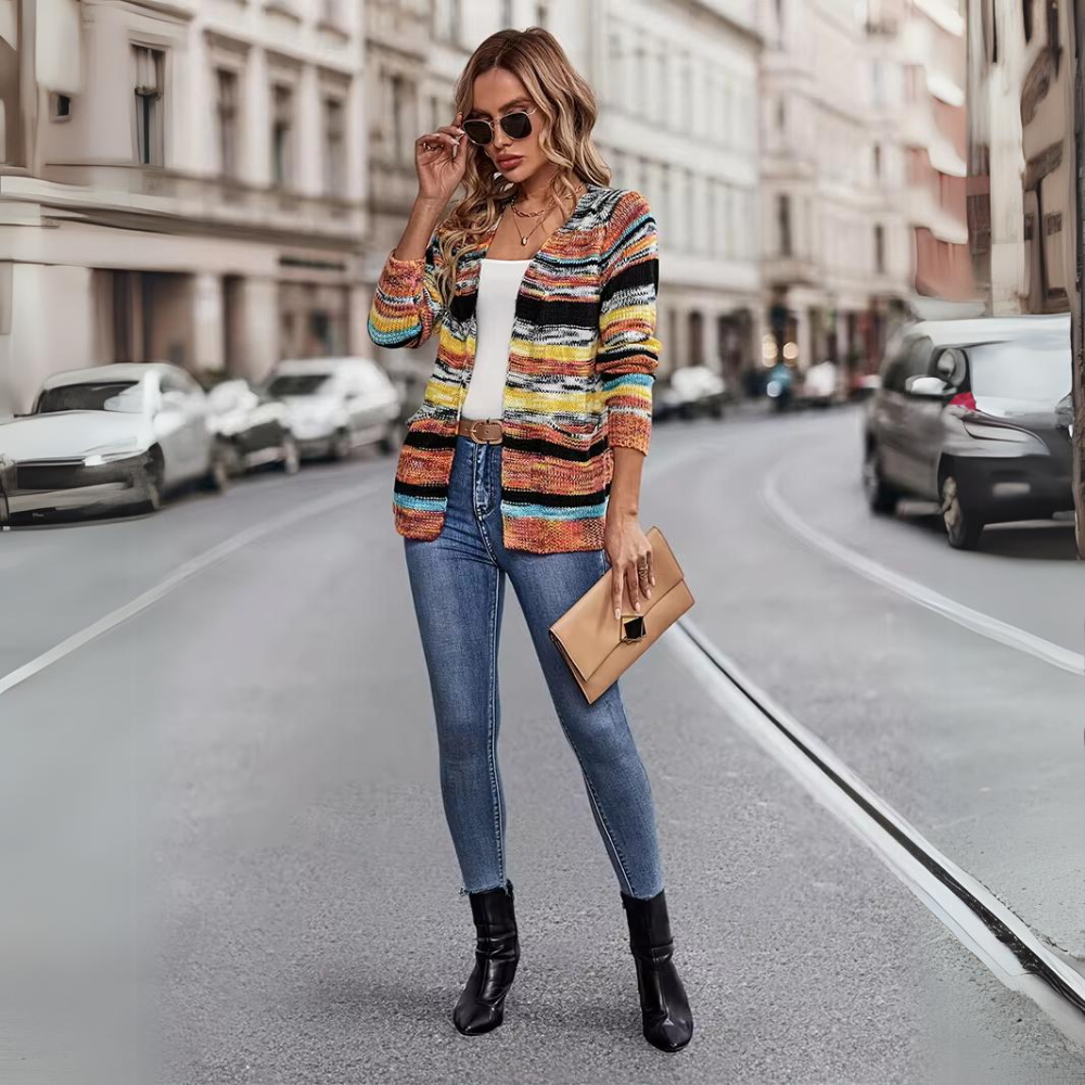 Wren striped open front cardigan styled with jeans and a white top, full front view