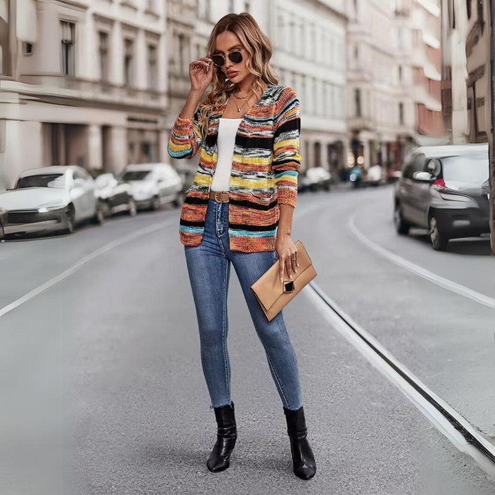Wren striped open front cardigan styled with jeans and a white top, full front view