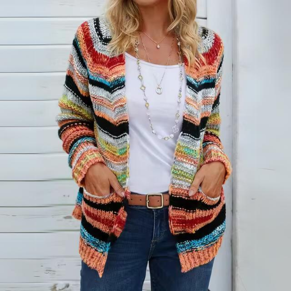 Wren striped cardigan detail shot showing pockets and knit texture