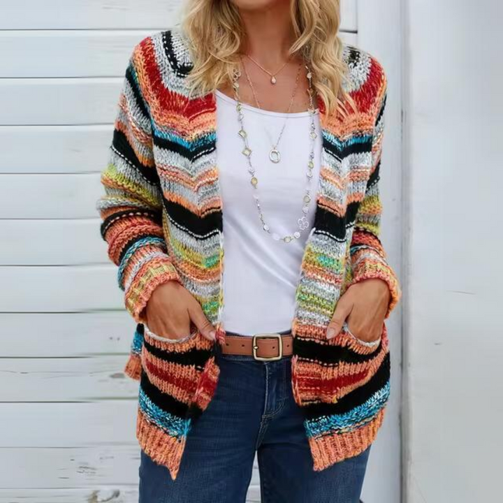 Wren striped cardigan detail shot showing pockets and knit texture