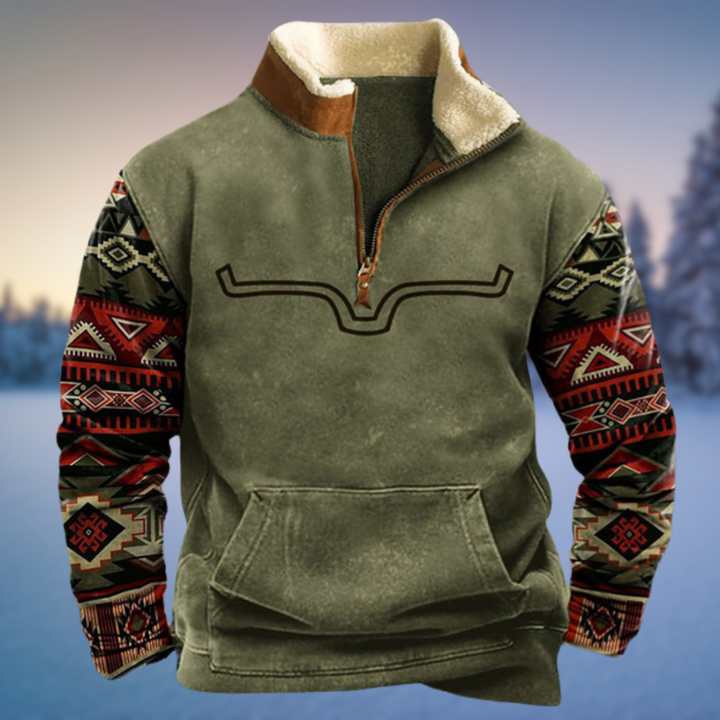 Wyatt western sherpa half-zip sweater with aztec print sleeves, front view