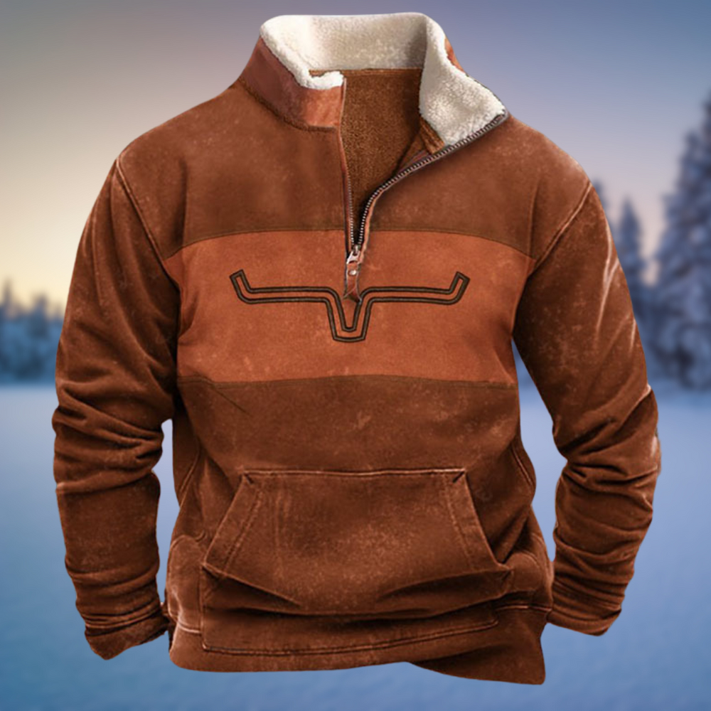 Wyatt half-zip sweater in brown colorway with aztec print sleeves