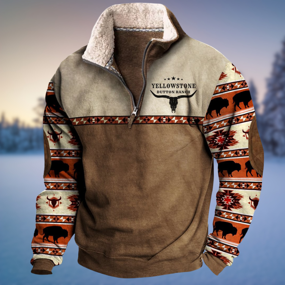 Wyatt half-zip sweater with Yellowstone Dutton Ranch style bison print sleeves