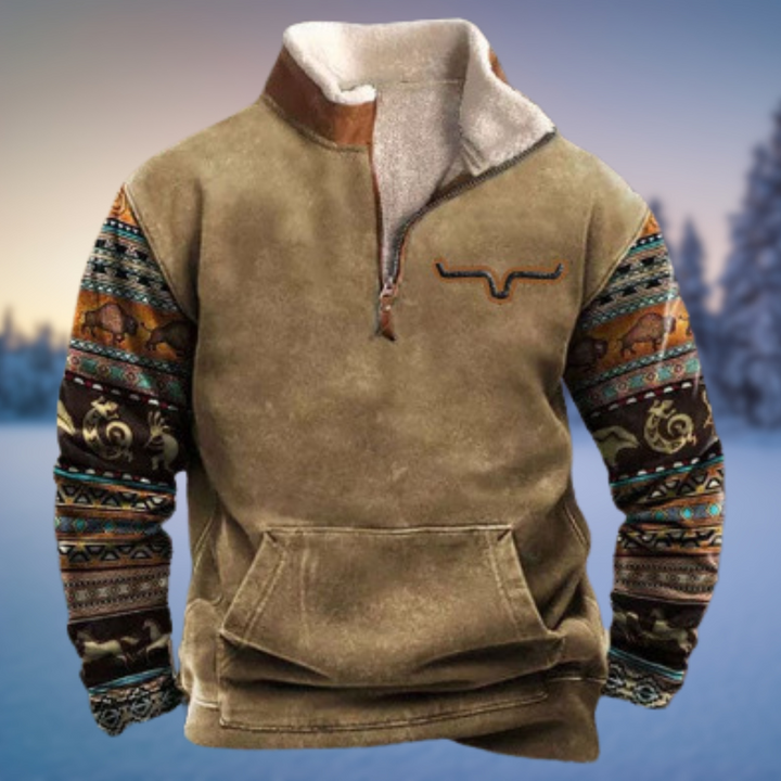 Wyatt half-zip sweater with tribal print sleeves and kokopelli details